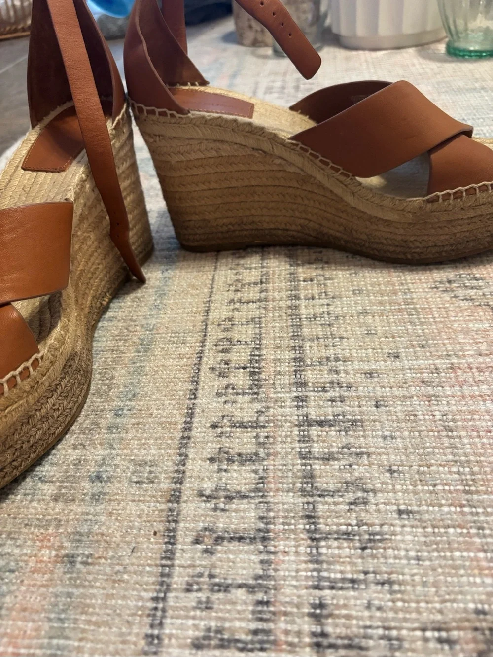 Tory Burch Cognac Leather Espadrille Wedge Sandals